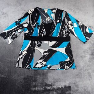 C.O.C. Floral Empire Waist Blouse Turquoise Black Abstract V-Neck Top XL US Made